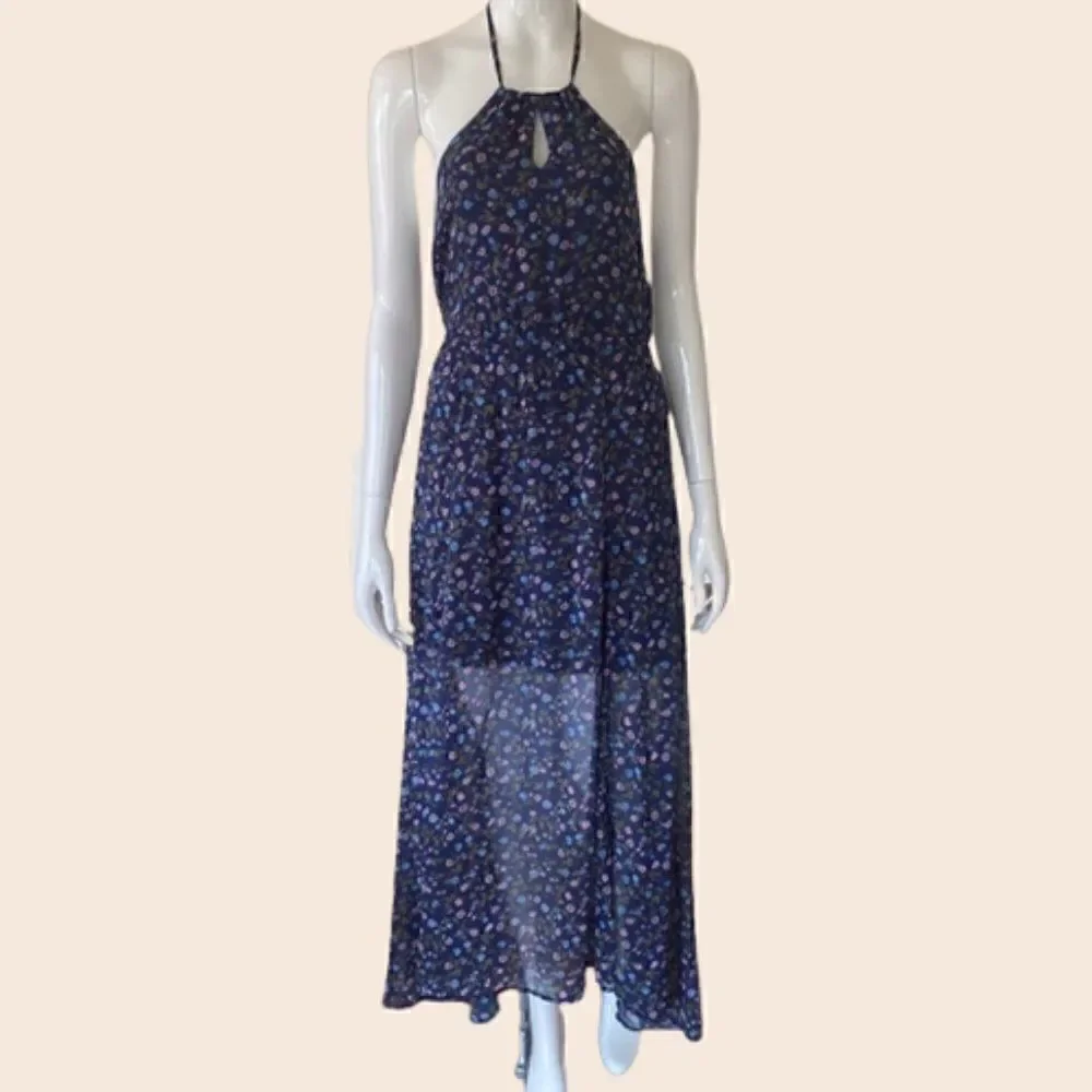 Abercrombie & Fitch Navy Halter Chiffon Floral High Low Hem Maxi Dress Size XS
